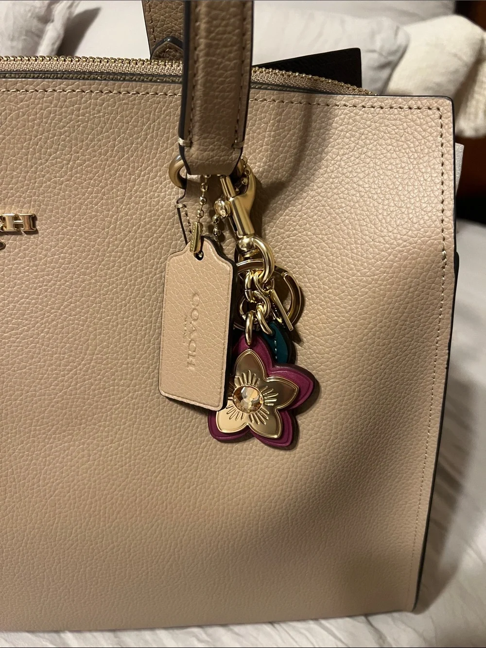 Coach Taupe Pebbled Leather Tote with Floral Charm